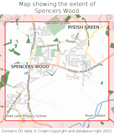 Map showing extent of Spencers Wood as bounding box