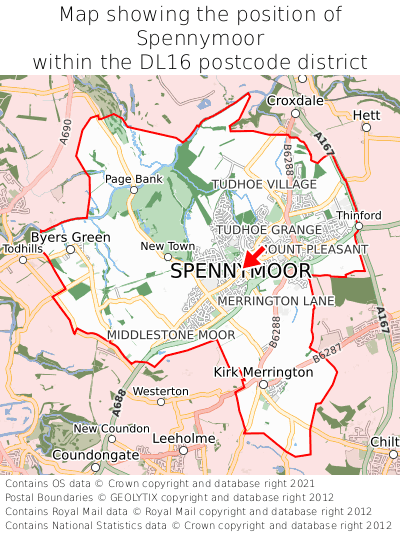 Map showing location of Spennymoor within DL16