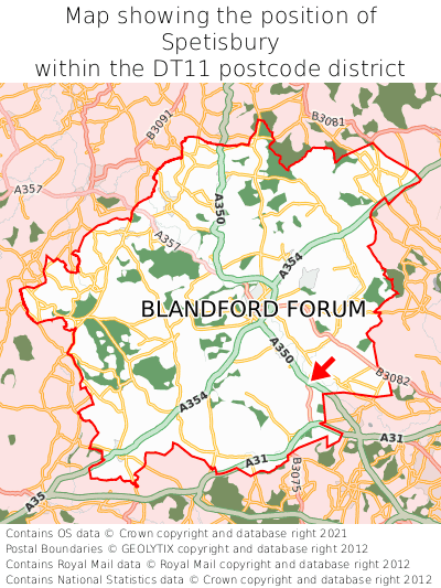 Map showing location of Spetisbury within DT11