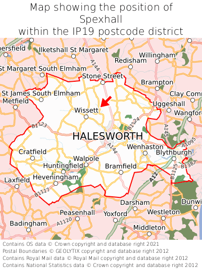 Map showing location of Spexhall within IP19