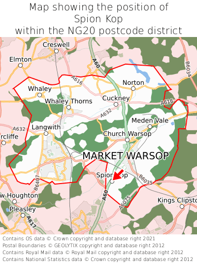 Map showing location of Spion Kop within NG20