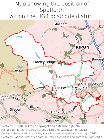 Map showing location of Spofforth within HG3