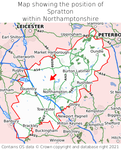 Map showing location of Spratton within Northamptonshire
