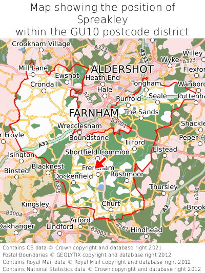 Map showing location of Spreakley within GU10