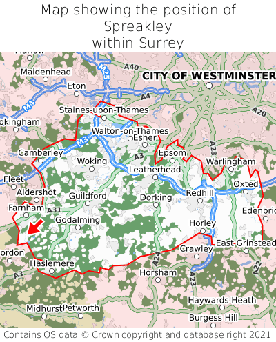 Map showing location of Spreakley within Surrey