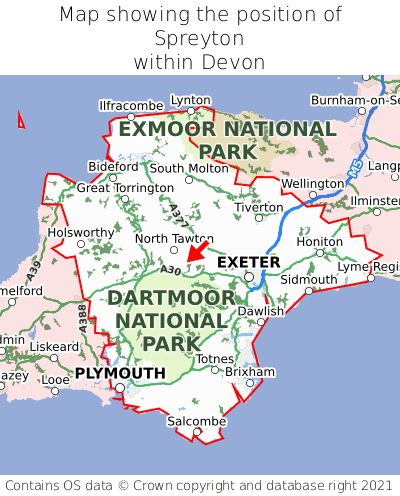 Map showing location of Spreyton within Devon