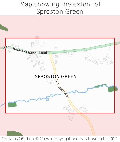 Map showing extent of Sproston Green as bounding box