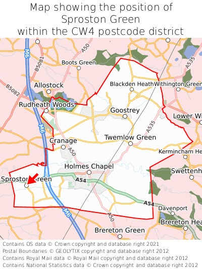 Map showing location of Sproston Green within CW4