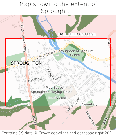 Map showing extent of Sproughton as bounding box
