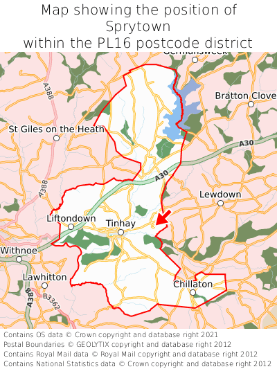 Map showing location of Sprytown within PL16
