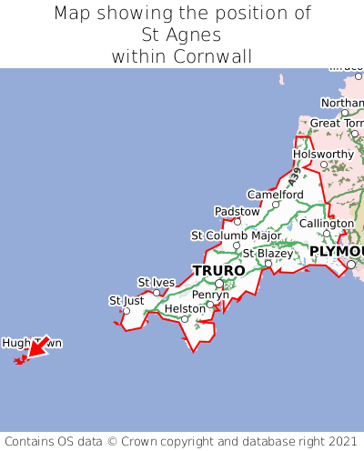Map showing location of St Agnes within Cornwall