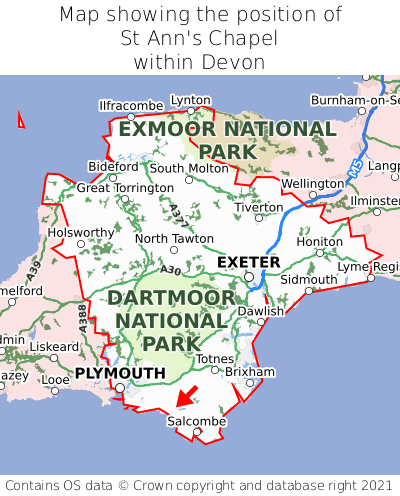 Map showing location of St Ann's Chapel within Devon