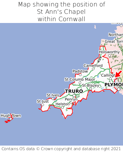 Map showing location of St Ann's Chapel within Cornwall
