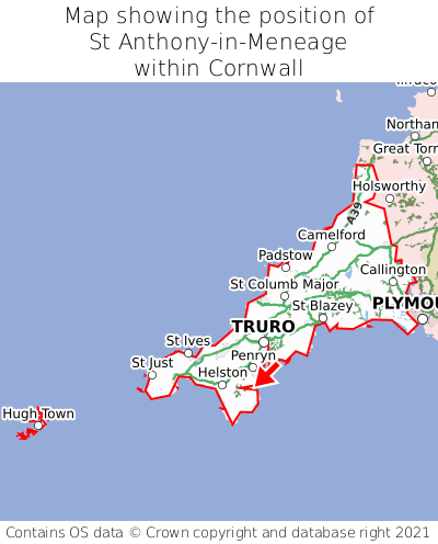 Map showing location of St Anthony-in-Meneage within Cornwall