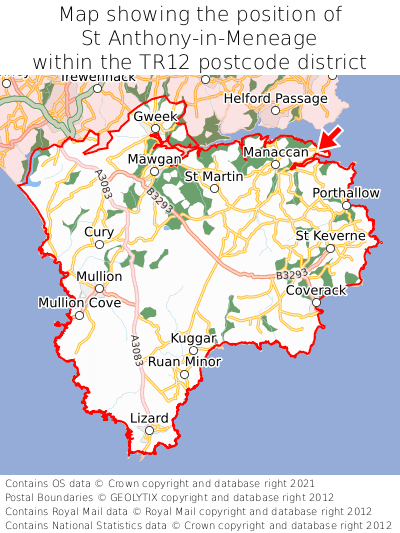 Map showing location of St Anthony-in-Meneage within TR12