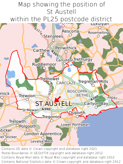 Map showing location of St Austell within PL25