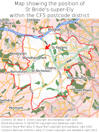 Map showing location of St Bride's-super-Ely within CF5