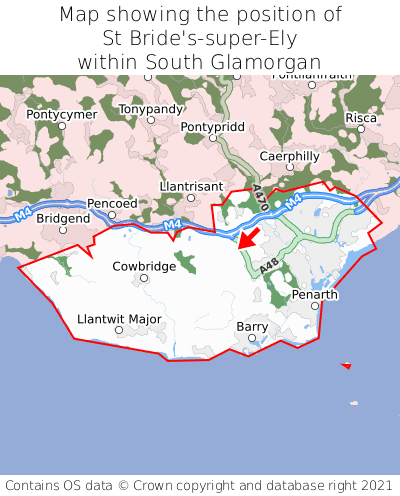 Map showing location of St Bride's-super-Ely within South Glamorgan