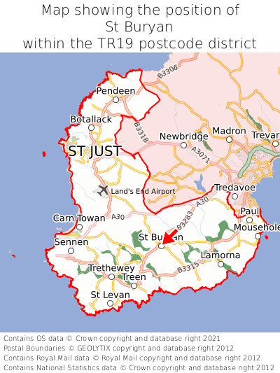Map showing location of St Buryan within TR19