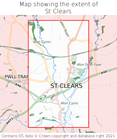 Map showing extent of St Clears as bounding box