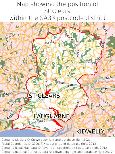 Map showing location of St Clears within SA33