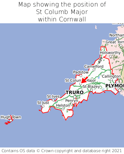 Map showing location of St Columb Major within Cornwall