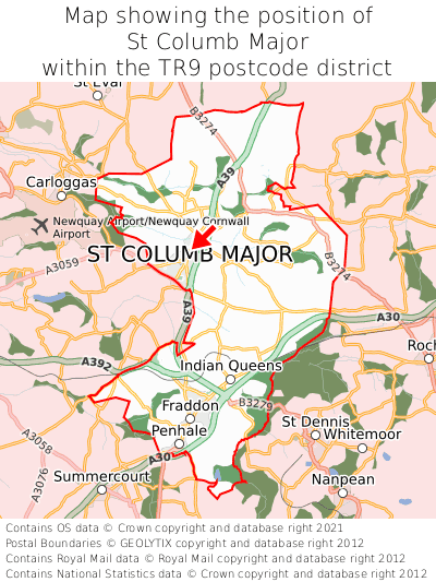 Map showing location of St Columb Major within TR9