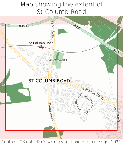 Map showing extent of St Columb Road as bounding box
