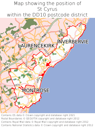 Map showing location of St Cyrus within DD10