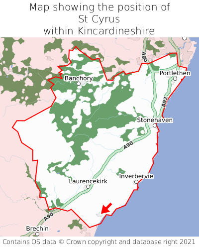 Map showing location of St Cyrus within Kincardineshire