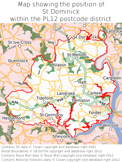 Map showing location of St Dominick within PL12