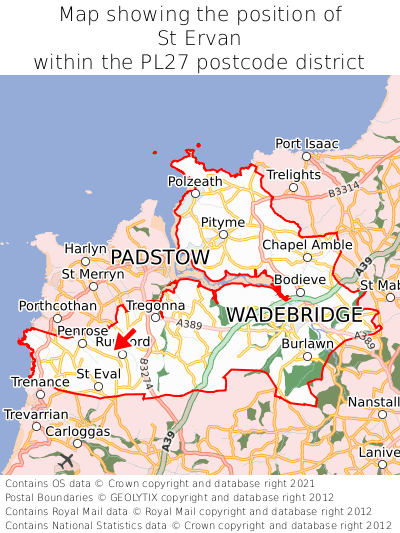 Map showing location of St Ervan within PL27