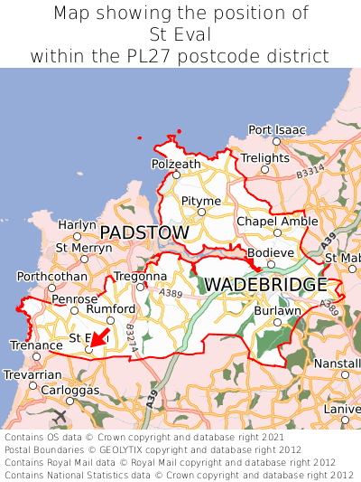 Map showing location of St Eval within PL27