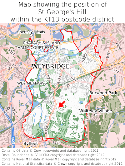 Map showing location of St George's Hill within KT13
