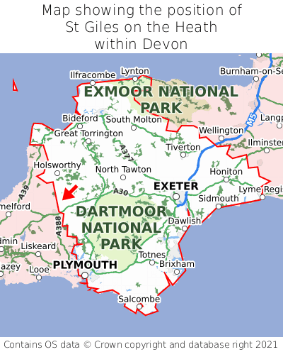 Map showing location of St Giles on the Heath within Devon