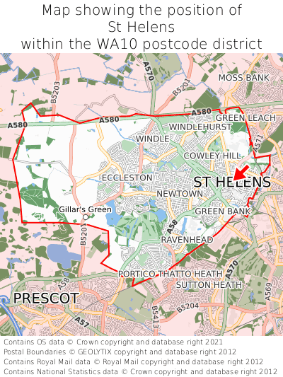 Map showing location of St Helens within WA10