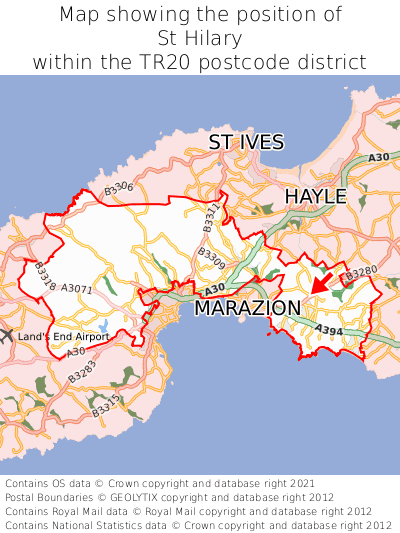 Map showing location of St Hilary within TR20