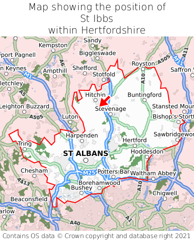 Map showing location of St Ibbs within Hertfordshire