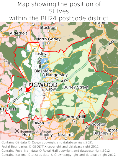 Map showing location of St Ives within BH24