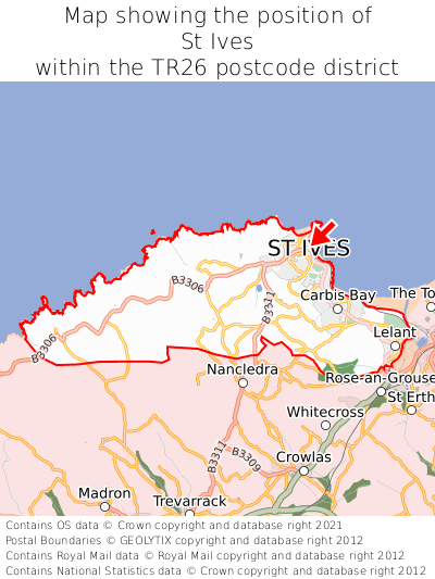 Map showing location of St Ives within TR26