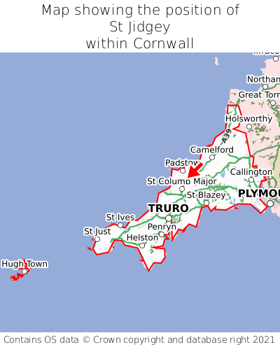 Map showing location of St Jidgey within Cornwall