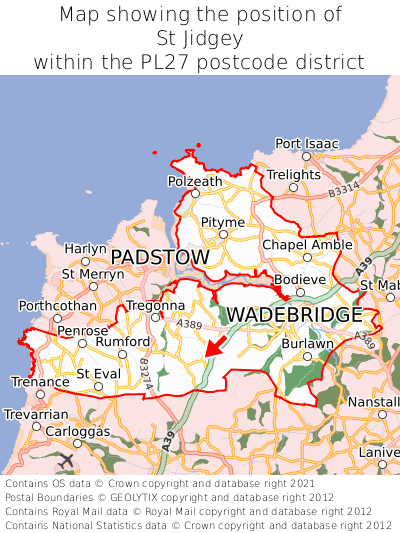Map showing location of St Jidgey within PL27