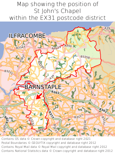 Map showing location of St John's Chapel within EX31
