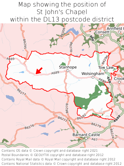 Map showing location of St John's Chapel within DL13