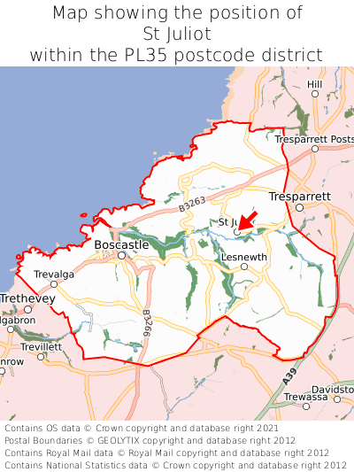 Map showing location of St Juliot within PL35