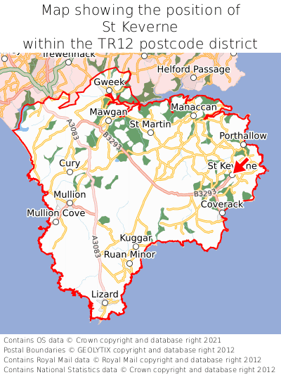 Map showing location of St Keverne within TR12