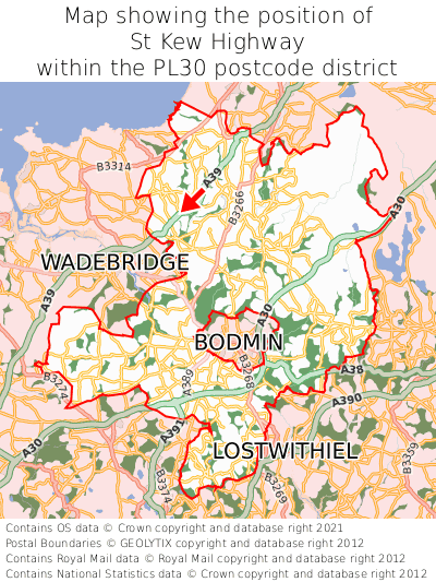 Map showing location of St Kew Highway within PL30