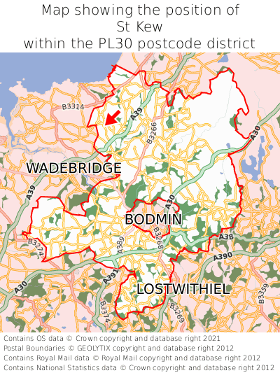 Map showing location of St Kew within PL30