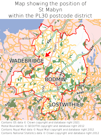 Map showing location of St Mabyn within PL30