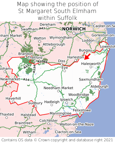 Map showing location of St Margaret South Elmham within Suffolk